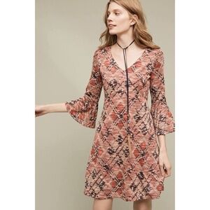 Anthropologie MAEVE Plaid Argyle Erina Swing Dress Knit Bell Sleeves Small